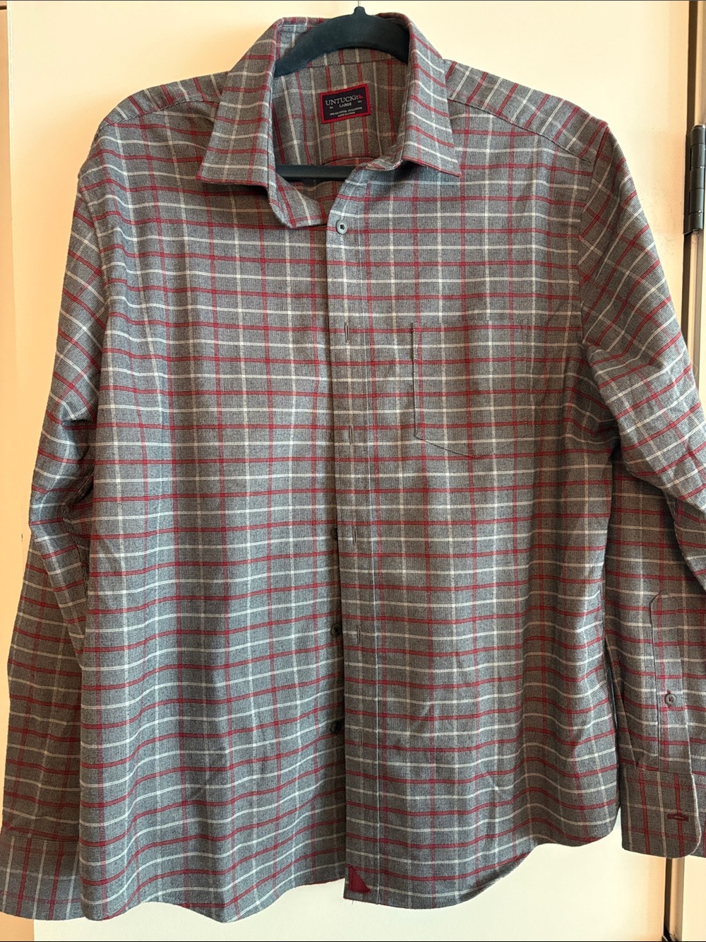UNTUCKit Men's Gray Shirt with Red Windowpane Plaid